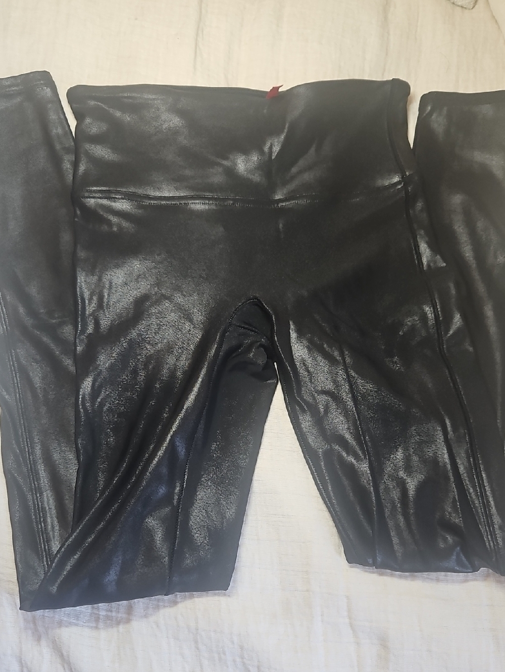 SPANX Black High-Shine Faux Leather Leggings with Red Tag